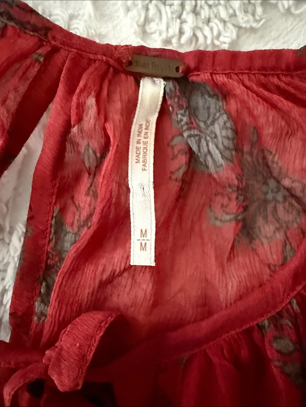 Free People Red Floral Tie-Neck Ruffle Tunic